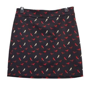 Vivienne Tam Bird Print Skirt Women 12 Black Red Cardinal‎ Mini A-Line Zip Back